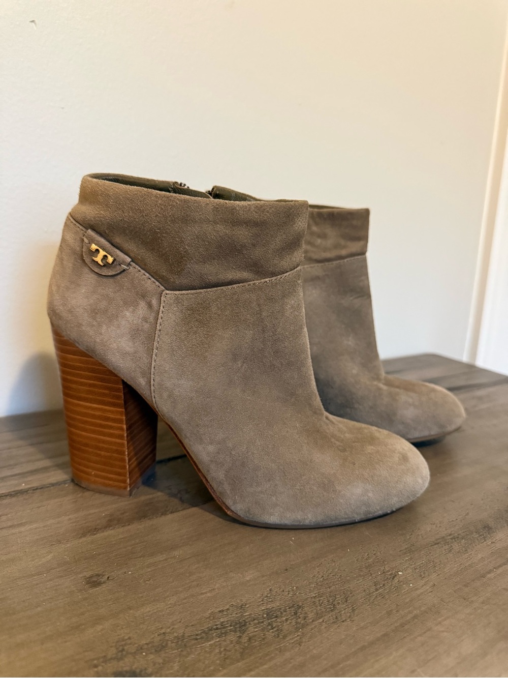 Tory Burch Taupe Suede Stacked Heel Ankle Booties